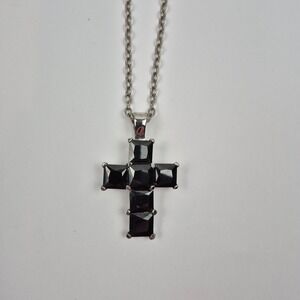 Black Gem Cross Pendant Necklace Silver Tone Religious Spiritual‎ Jewelry 24"